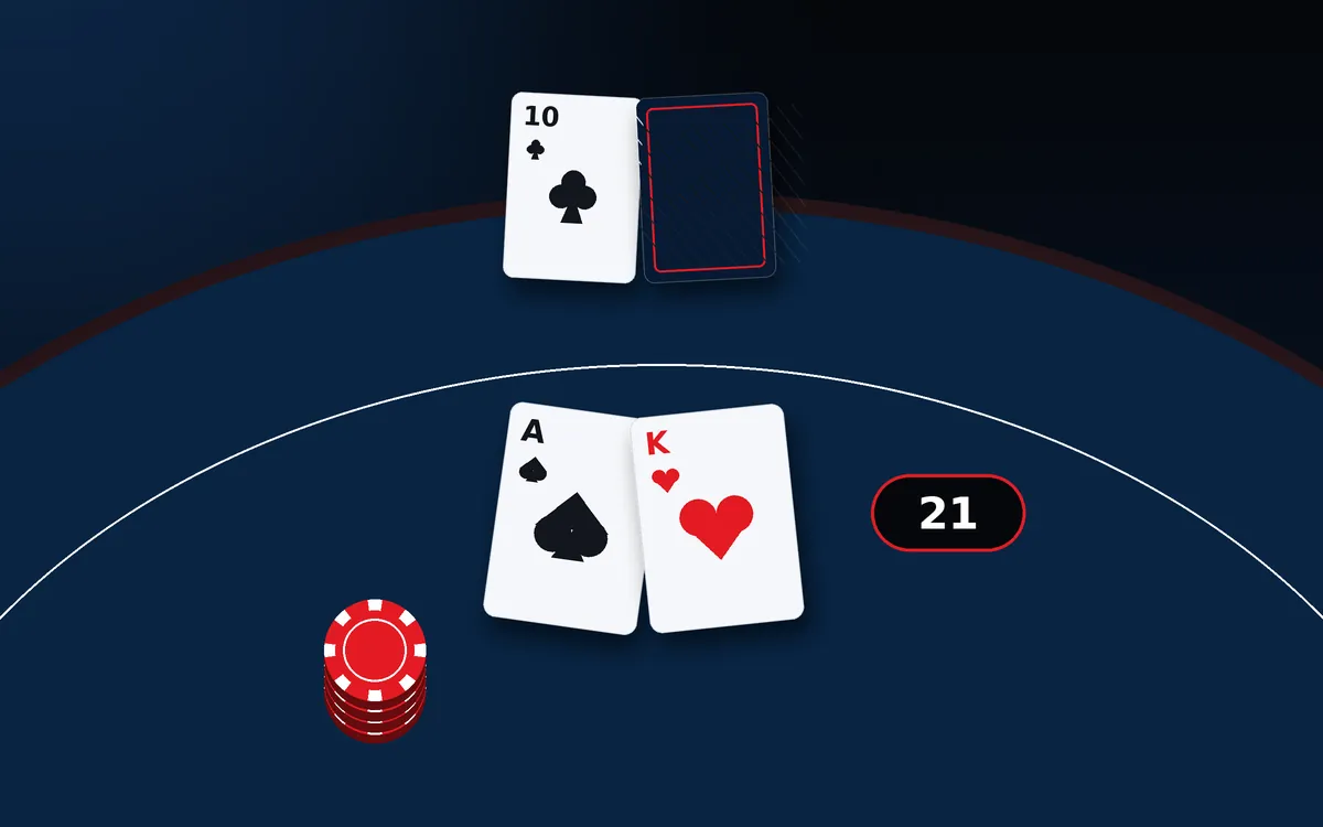 Blackjack table illustration with an ace and king making 21