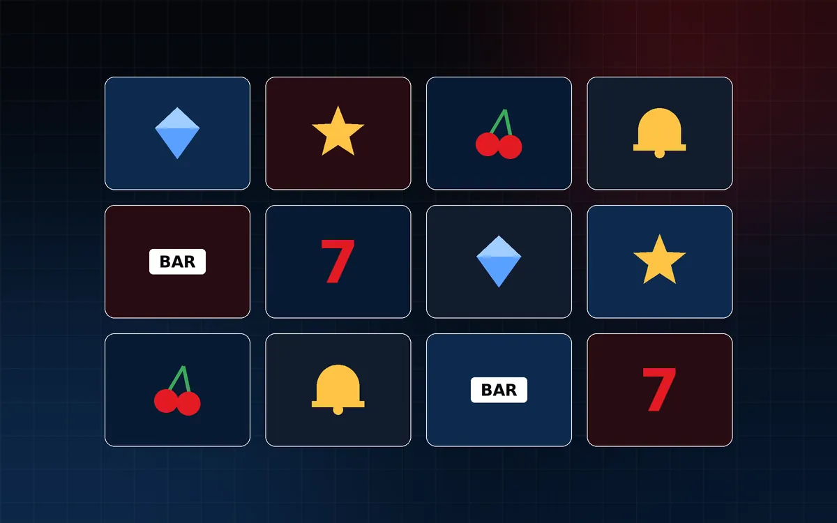 Grid of casino game tiles showing sevens, diamonds, stars, bells and cherries