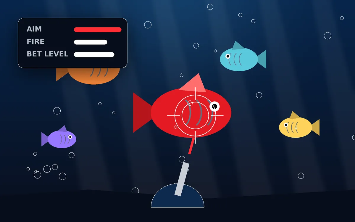 Fishing game illustration with aim and fire controls and a crosshair on a large red fish