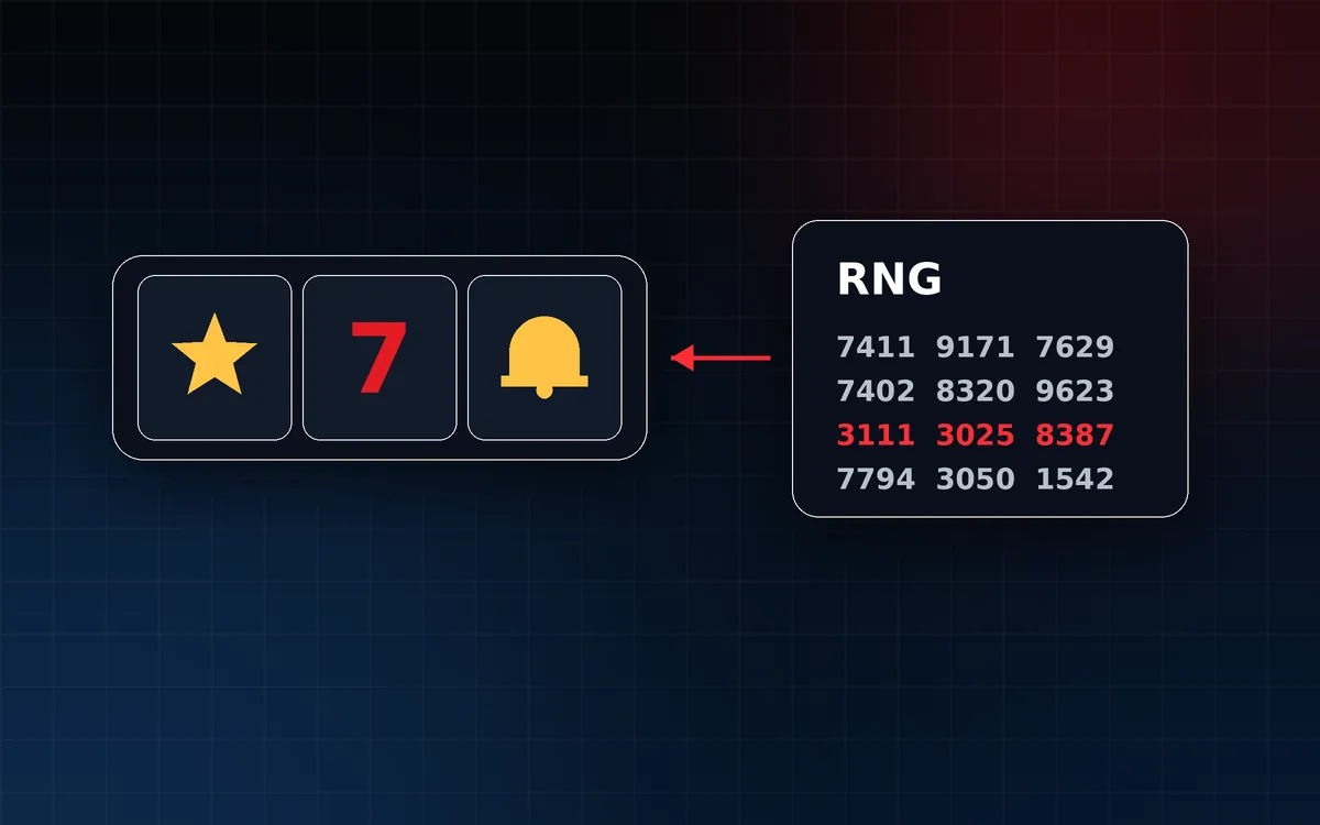 Illustration of three slot reels linked to a random number generator panel