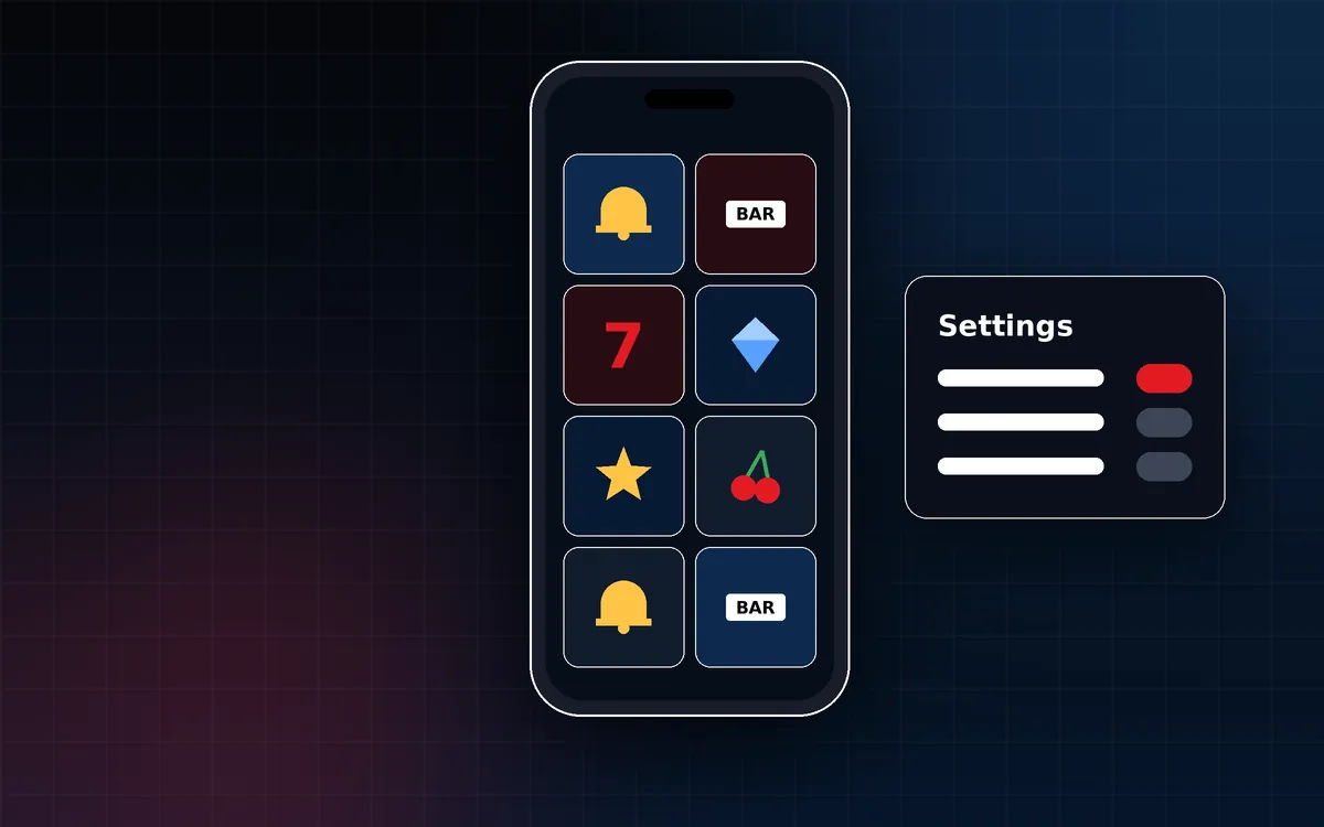 Android-style smartphone illustration showing a grid of game tiles beside a settings panel