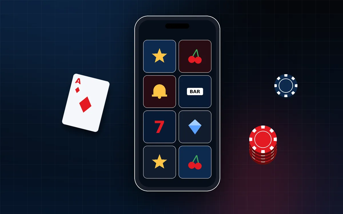 Smartphone illustration displaying a grid of game tiles, with a playing card and chip stack