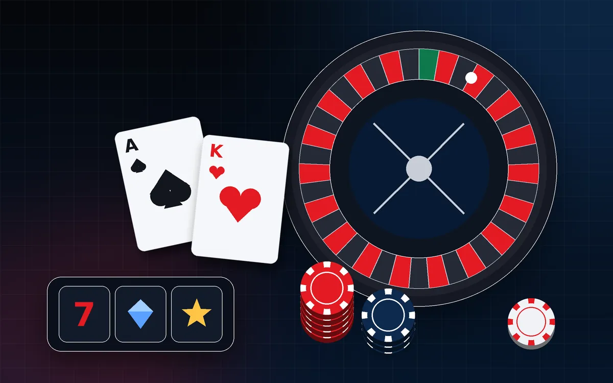 Score8 casino and gaming illustration with a roulette wheel, playing cards, chip stacks and slot reels
