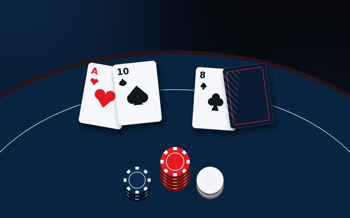 Card table illustration with an ace and ten, a face-down card and chip stacks